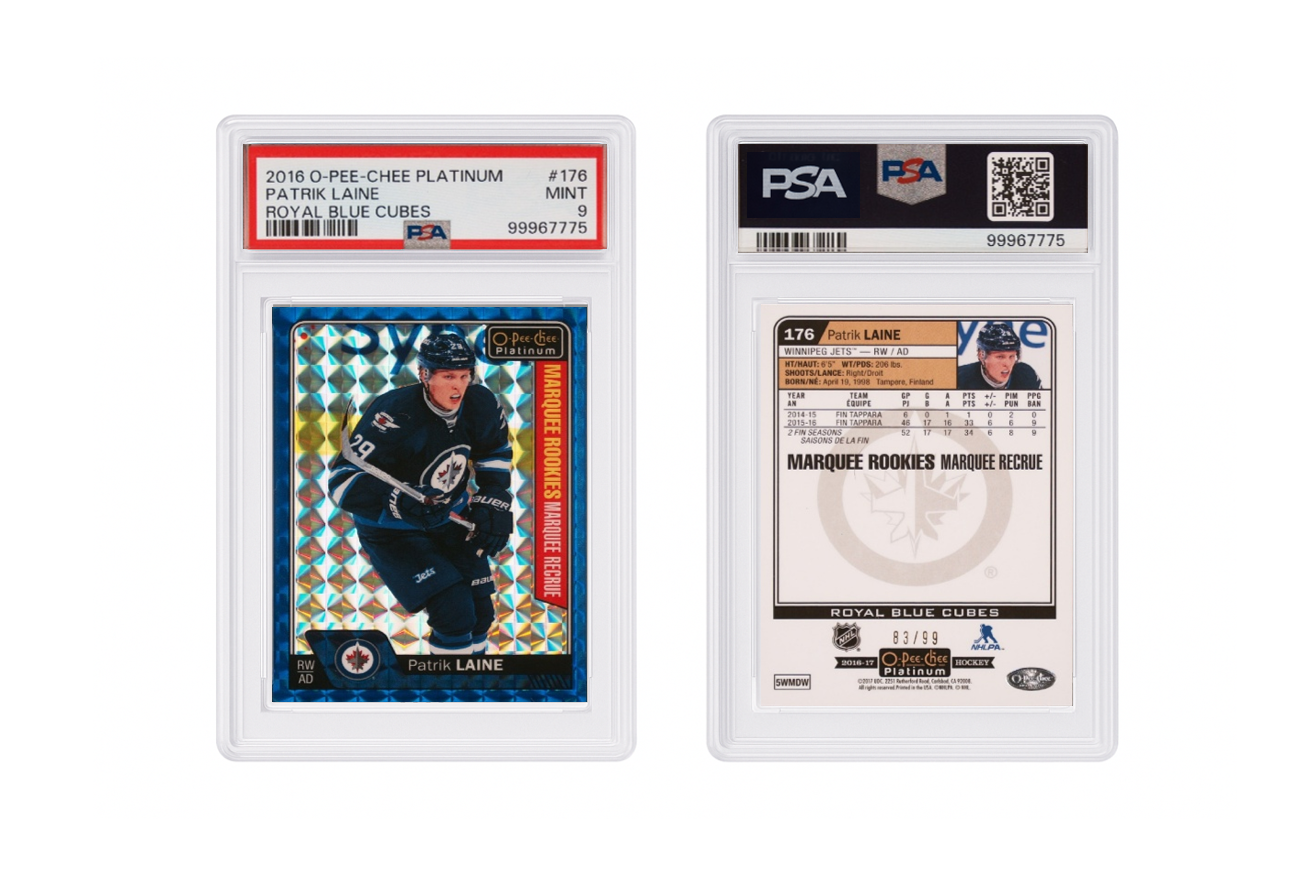2016 O-Pee-Chee Platinum Patrik Laine Royal Blue Cubes Marquee Rookie /99