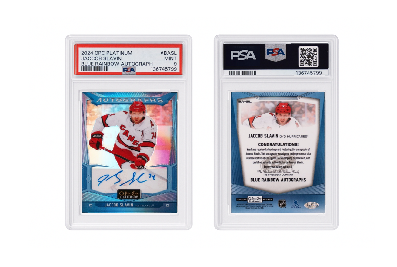 2024 OPC Platinum Jaccob Slavin Blue Rainbow Autograph PSA 9